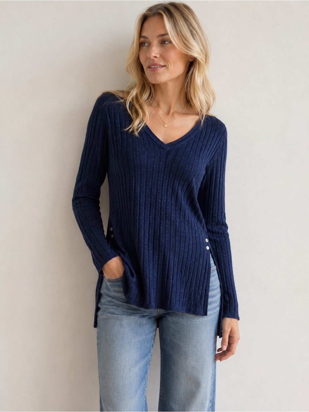 Deletta Anthropologie Ribbed V-Neck Tunic Sweater in Heathered Navy Blue - S